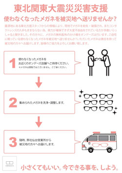 不要となったメガネを回収し、洗浄・調整した後、被災地の方々へ届ける。