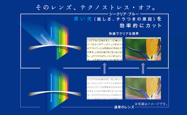 （写真3）ニコン シークリア ブルーはまぶしさやチラつきの原因となる「青い光」を効率的にカットする。