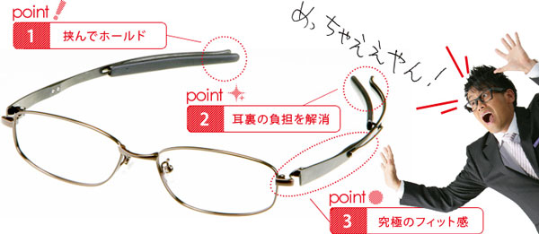 （写真1）ビジョンメガネの新商品 2win Fix（ツインフィックス）は独自の「二股テンプル」が特徴。