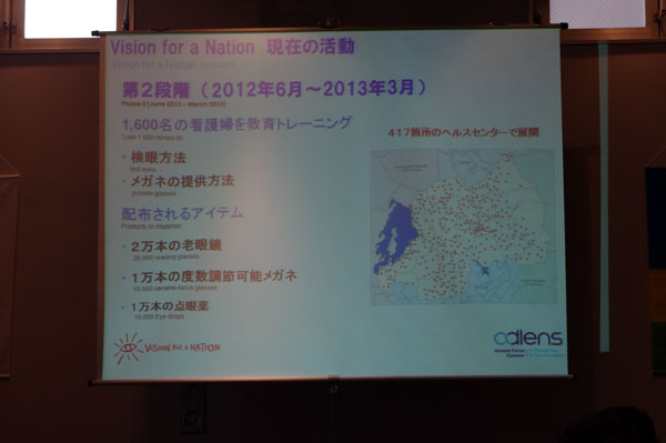 （写真9）2013年3月までに1,600名の看護師をトレーニングし、20,000本の老眼鏡、10,000本の度数調節ができるメガネ、1万本の点眼薬の配布を目指す。