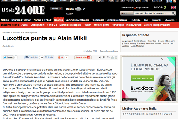 「Luxottica punta su Alain Mikli - Il Sole 24 ORE」（スクリーンショット）