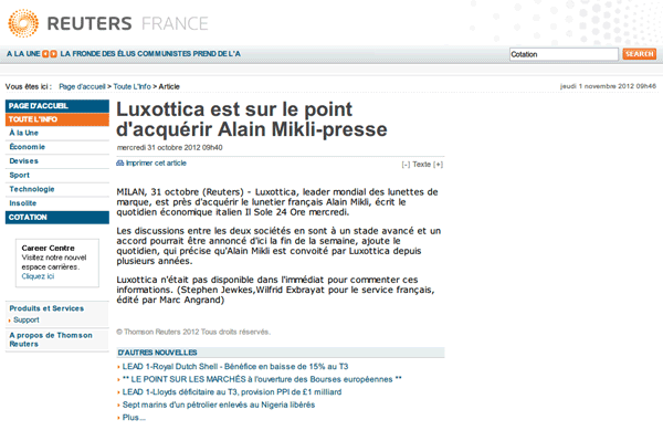 「Luxottica est sur le point d'acquérir Alain Mikli-presse | Reuters」（スクリーンショット）