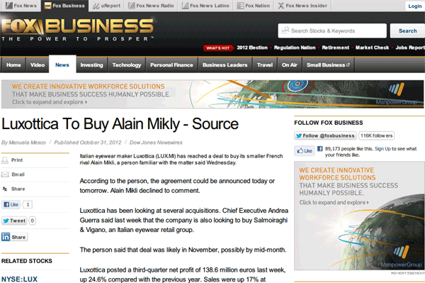 Luxottica To Buy Alain Mikly - Source | Fox Business（スクリーンショット）