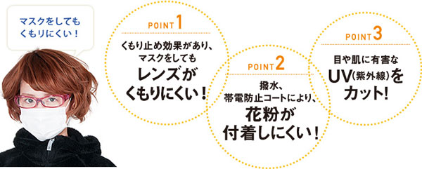 「花粉らくらく君」は「マスクをしてもくもりにくい」「花粉がつきにくい」UV（紫外線）カットレンズを使用。