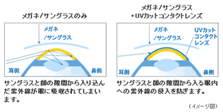 【左】メガネ（サングラス）のみの場合、メガネ（サングラス）と顔とのすき間から入り込んだ紫外線が吸収されてしまう。【右】コンタクトレンズを併用すると、メガネ（サングラス）と顔とのすき間から入る紫外線の侵入を防ぐ。