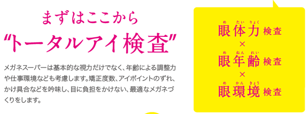 メガネスーパーでは「眼体力」「眼年齢」「眼環境」を検査する「トータルアイ検査」を実施。目に負担をかけない、最適なメガネ作りを目指す。