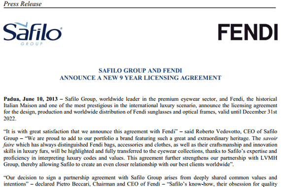 Safilo Group and Fendi announce a new 9 year licensing agreement