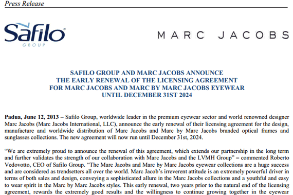 Safilo Group and Marc Jacobs announce the early renewal of the licensing agreement for Marc Jacobs and Marc by Marc Jacobs Eyewear until December 31st 2024