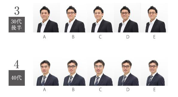 （上）30代後半の男性。（下）40代の男性。 A.裸眼、B.ブラックウェリントン、C.シルバーメタル D.ブラウンスクエア、E.ブラウンデミラウンド image by IBJ