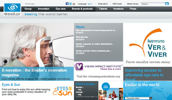 「Essilor, Seeing the world better」 （エシロール インターナショナル公式サイト） （スクリーンショット）