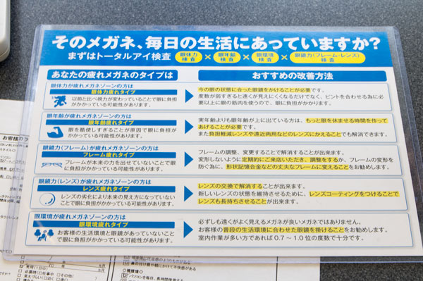 「疲れメガネのタイプ」は、「眼体力疲れタイプ」、「眼年齢疲れタイプ」、「フレーム疲れタイプ」、「レンズ疲れタイプ」、「眼環境疲れタイプ」に分類され、それぞれのタイプに合った提案をしてくれる。【クリックして拡大】