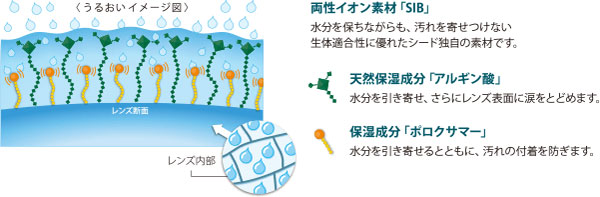 シード ワンデーピュアうるおいプラス乱視用は、「SIB」「アルギン酸」「ポロクサマー」により、うるおいをキープ。