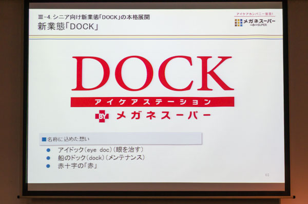 「DOCK」には、「アイドック（eye doc、眼を治す）」「船のドック（dock、メンテナンス）」「赤十字の『赤』」という意味が込められている。 【クリックして拡大】