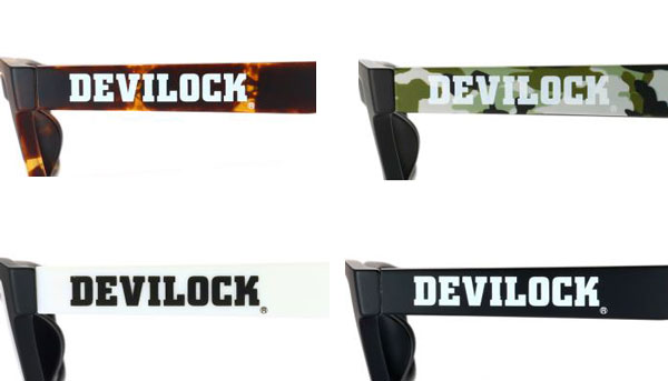 DEVILOCK × JINS は、「ブラウンデミ」（左上）、「マットブラック × カモフラ」（右上）、「マットブラック × ホワイト」（左下）、「マットブラック」（右下）の計4色。