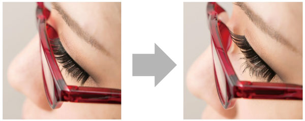 「モチアガール® メガ」「モチアガール® ベーシック」は、メガネの鼻あてに付けるだけで高さをアップ。つけまつげやまつげエクステが、レンズに当たるのを防いでくれる。 image by マサル産業