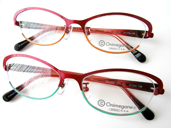 Onimegane × cocochi OG-7201 （上）ワイン&オレンジ（下）ワイン&ミント 価格：21,800円（税別） ツヤありラメ入りのワインカラーかつバイカラー（2色使い）は、cocochi（ココチ）だけのオリジナル。顔になじみやすいカタチもいい感じ。