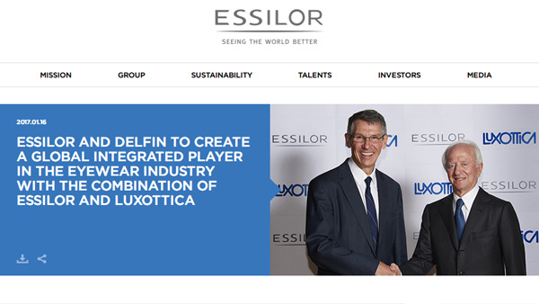 「Essilor and Delfin to create a global integrated player in the eyewear industry with the combination of Essilor and Luxottica - Essilor Group」（スクリーンショット）