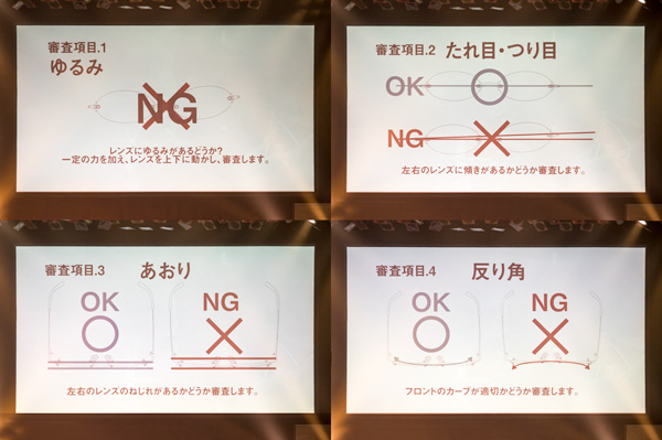 「ツーポグランプリ」には8つの審査項目が設けられている。 1.【ゆるみ】「レンズにゆるみがあるかどうか？一定の力を加え、レンズを上下に動かし、シンサします。」 2.【たれ目・つり目】「左右のレンズに傾きがあるかどうか審査します。」 3.【あおり】「左右のレンズにねじれがあるかどうか審査します。」 4.【反り角】「フロントのカーブが適切かどうか審査します。」