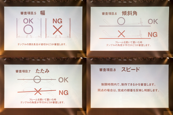 5.【幅】「テンプルの開き具合が適切かどうか審査します。」  6.【傾斜角】「フレームを開いて置いた時、テンプルの角度が並行かどうか審査します。」  7.【たたみ】「フレームを開いて置いた時、テンプルの角度が並行かどうか審査します。」 8.【スピード】「制限時間内で、製作できるかを審査します。同店の場合は、完成の順番を反映し判断します。」