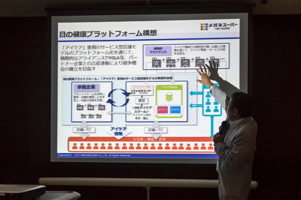 6月20日(火)の決算説明会で「目の健康プラットフォーム構想」について語るメガネスーパーの星崎尚彦社長。