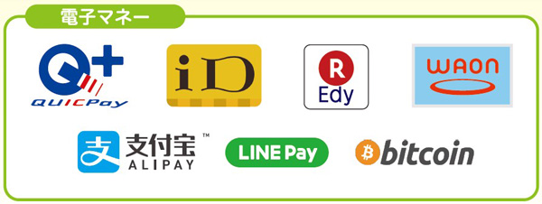 メガネスーパーで利用できる電子マネーは、「QUICPay」「iD」「楽天Edy」「WAON」「Alipay」「LINE Pay」「ビットコイン」の7種類。