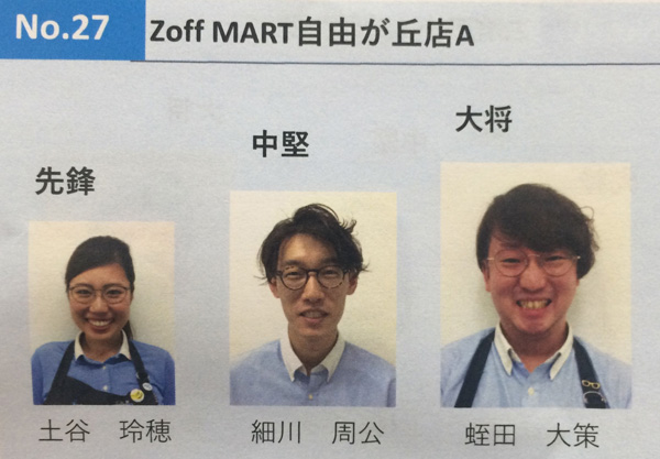Zoff MART 自由が丘店 A 先鋒：土谷玲穂さん、中堅：細川周公さん、大将：蛭田大策さん。