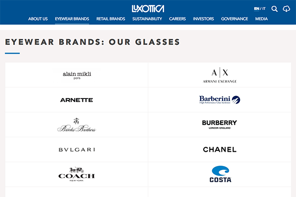 「Eyewear Brands: our glasses | Luxottica」 （スクリーンショット）