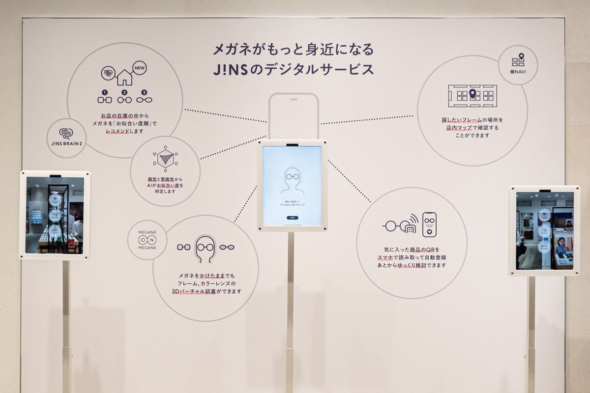 JINS 吉祥寺ダイヤ街店には3台のiPadが置かれており、「JINS BRAIN2」「棚 NAVI」「MEGANE on MEGANE」が自由に利用できる。操作方法などについては、店舗スタッフのアドバイスが受けられる。