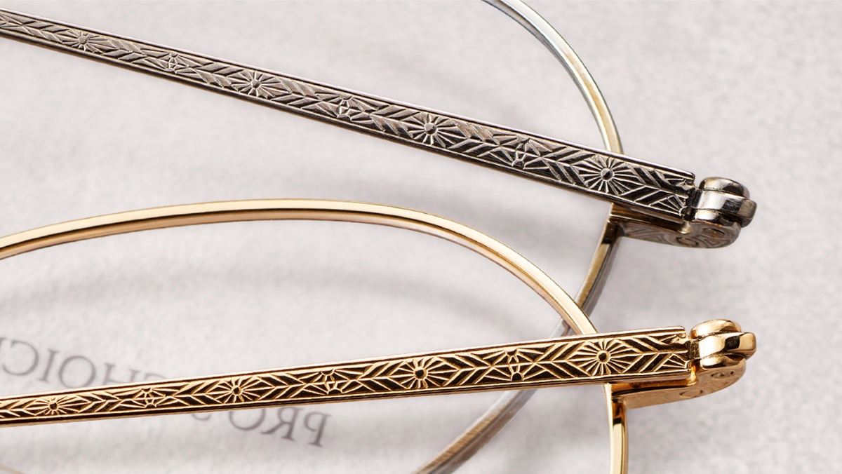 テンプル、ブリッジ、ヨロイには、日本の伝統文様をモチーフにしたPRO’S CHOICEオリジナル柄を採用。 テンプル、ブリッジ、ヨロイには、日本の伝統文様をモチーフにしたPRO’S CHOICEオリジナル柄を採用。