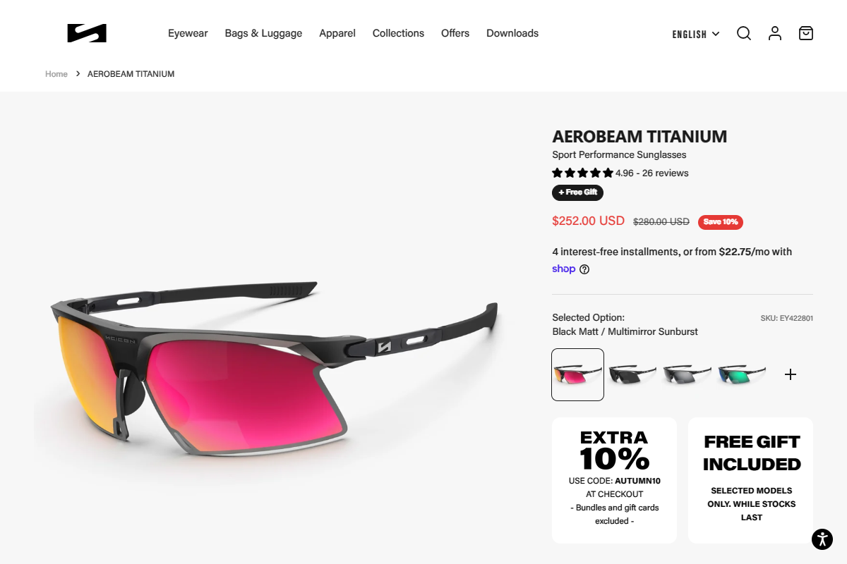 「Aerobeam Titanium Sport Sunglasses | Scicon Sports」 （スクリーンショット）