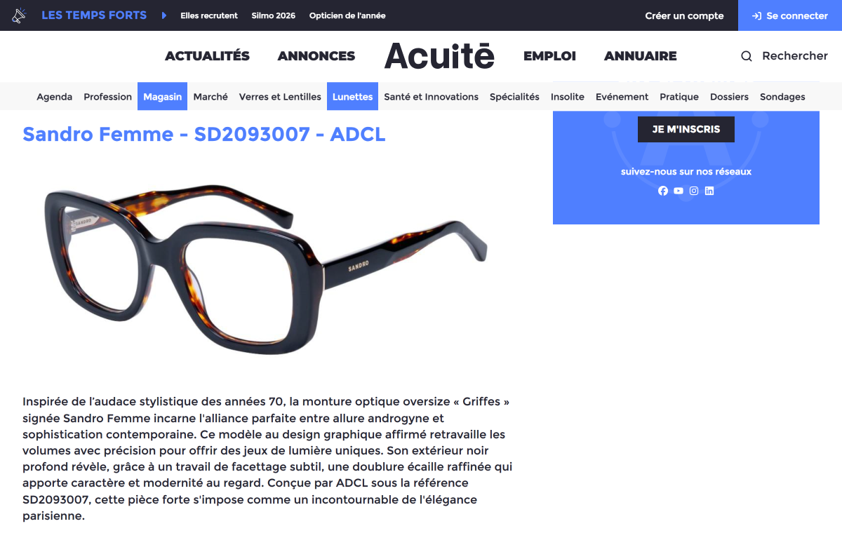 「Silmo d&rsquo;Or 2026 : focus sur les 5 nomin&eacute;s de la cat&eacute;gorie monture optique &laquo; Griffes &raquo; | Acuit&eacute;」 （スクリーンショット）