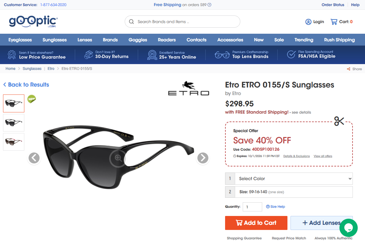 「Etro ETRO 0155/S Sunglasses | FREE Shipping - Go-Optic.com」 （スクリーンショット）