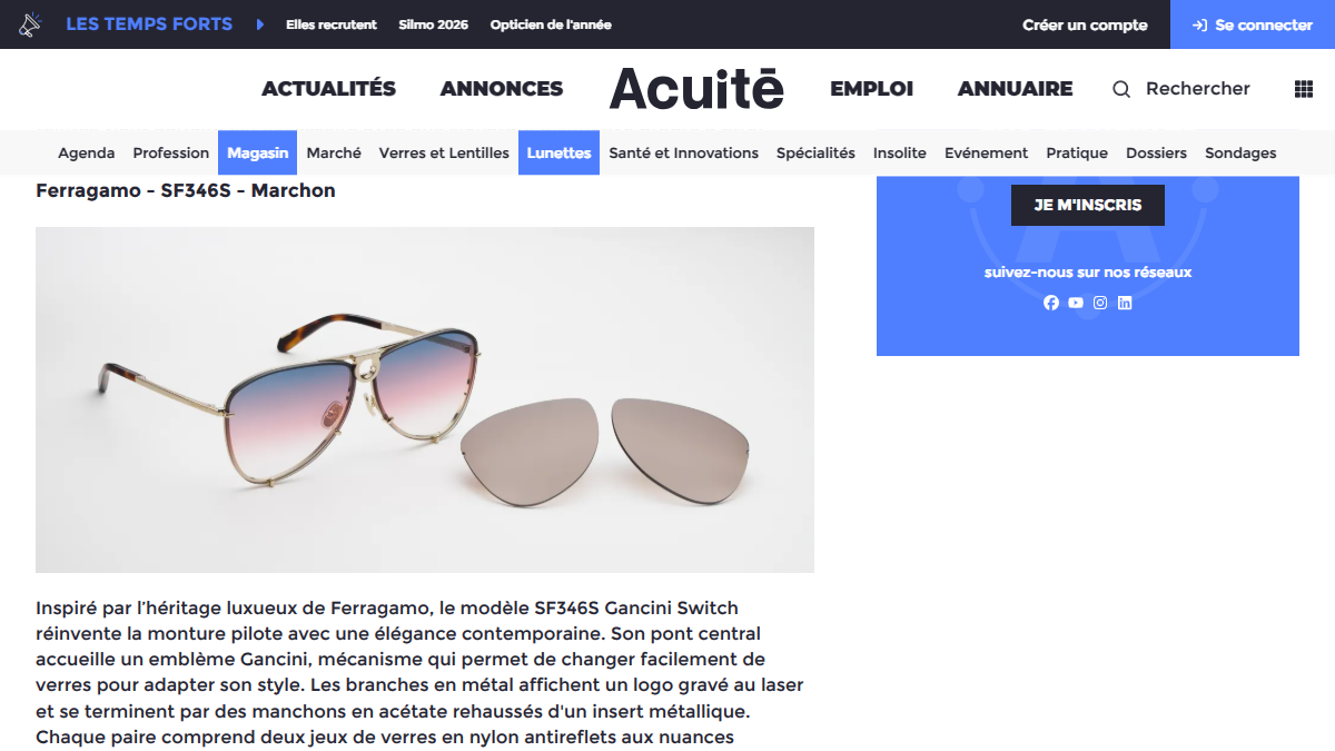 「Silmo d&rsquo;Or 2026 : focus sur les 5 nomin&eacute;s de la cat&eacute;gorie lunettes solaires &laquo; Griffes &raquo; | Acuit&eacute;」 （スクリーンショット）