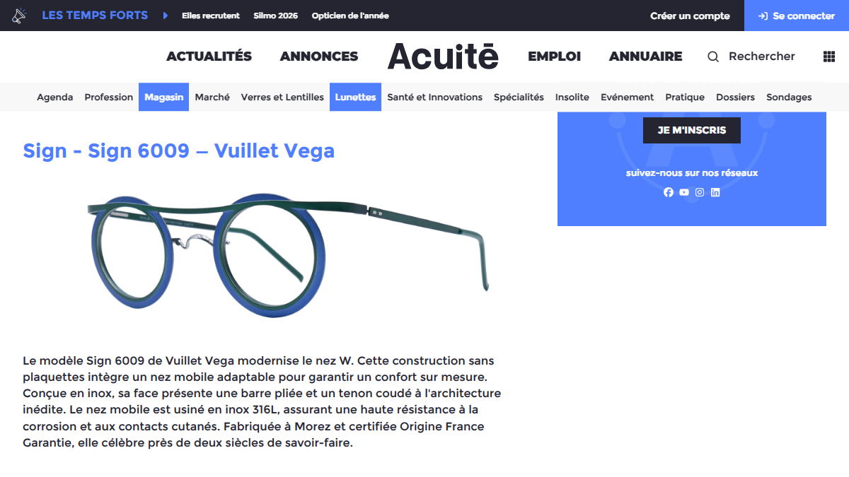 「Silmo d&rsquo;Or 2026 : focus sur les 5 nomin&eacute;s de la cat&eacute;gorie &laquo; Monture Optique savoir-faire lunetier &raquo; | Acuit&eacute;」 （スクリーンショット）